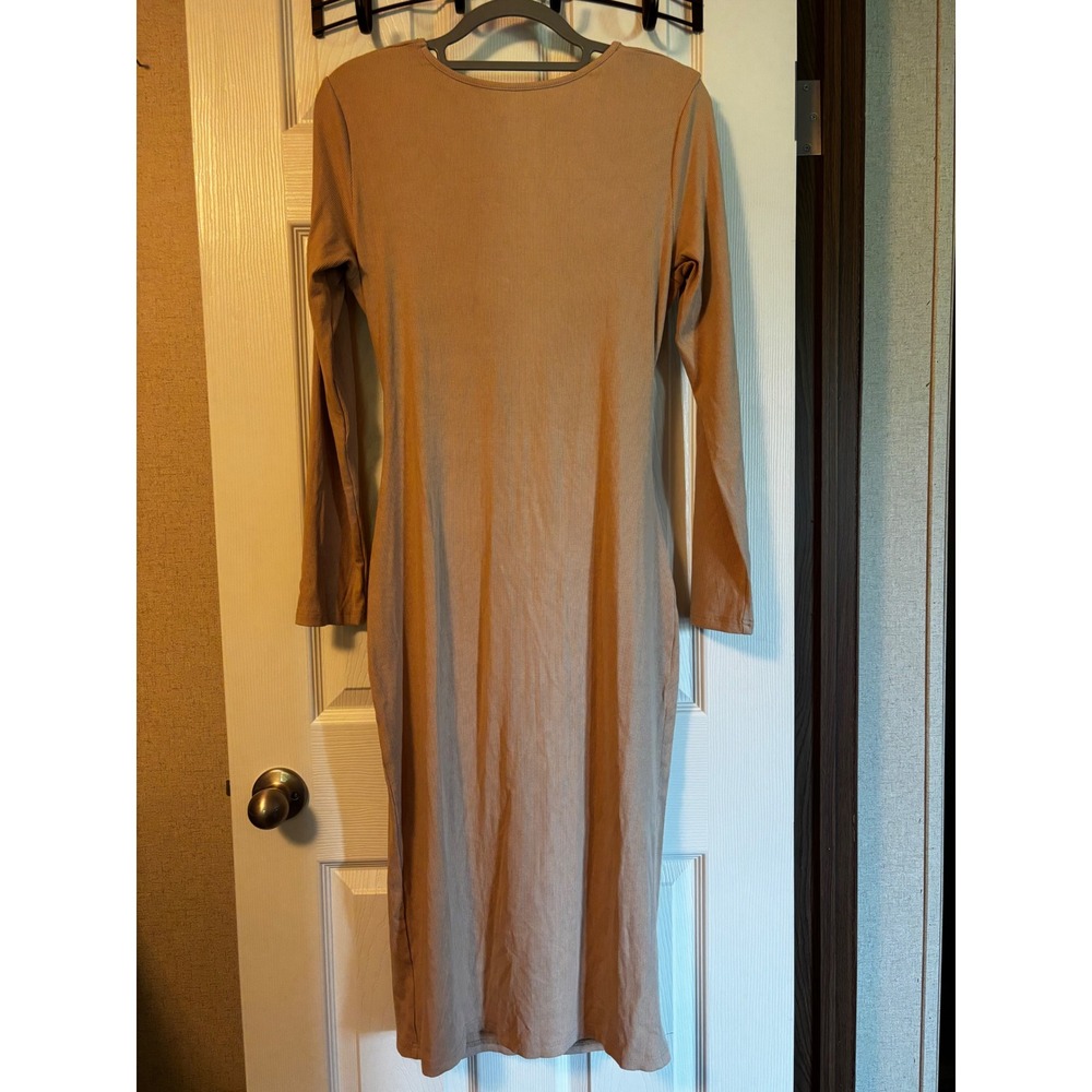Tan Ribbed Twist Front Cutout Midi Dress Long Sleeve Side Slit XL Beige